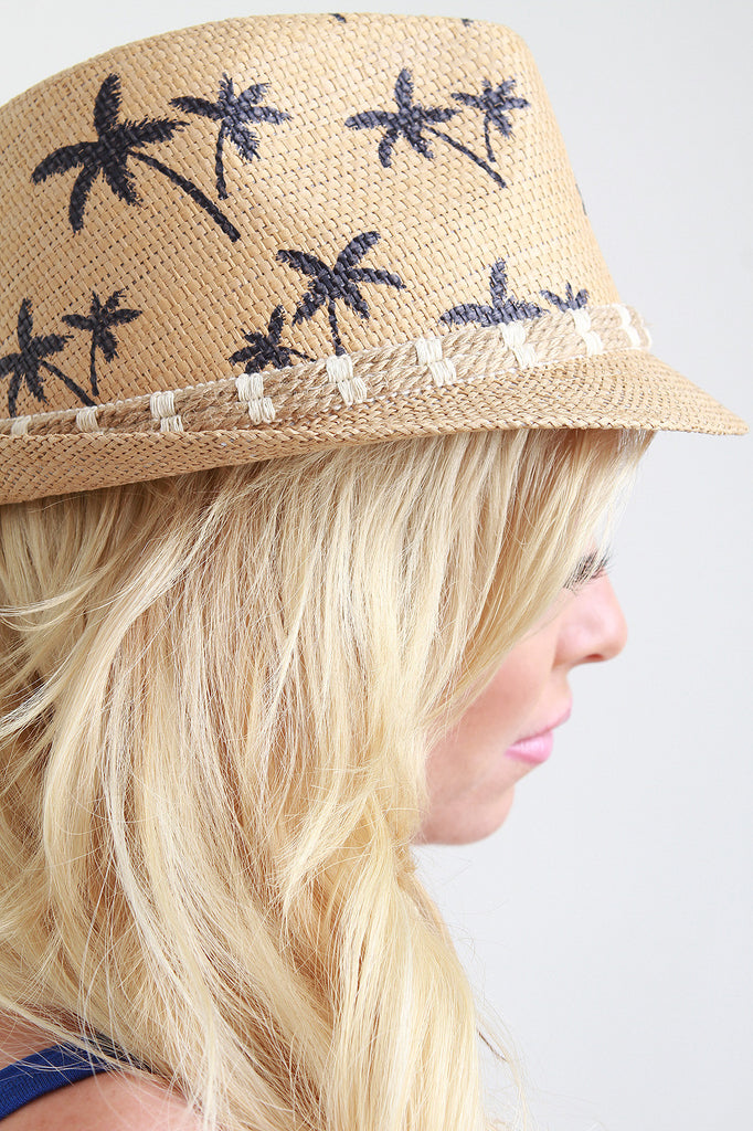 Palm Tree Straw Fedora Hat