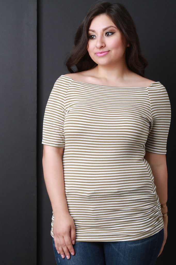 Stripe Ribbed Knit Off Shoulder Bardot Top