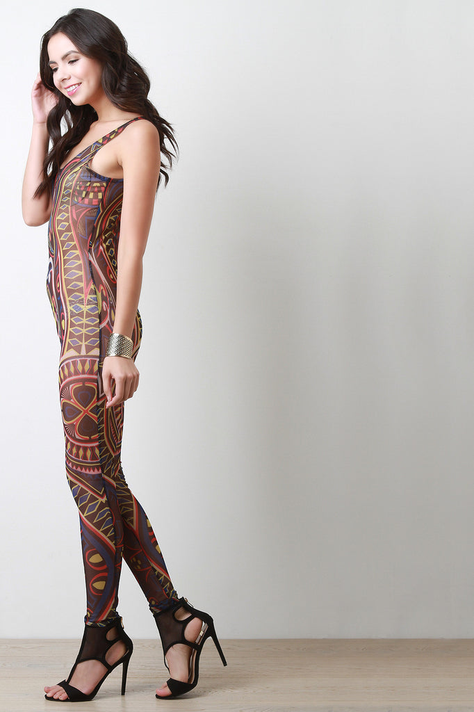 Tribal Print Semi-Sheer Mesh Sublime Jumpsuit