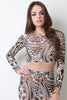 Semi-Sheer Mesh Tribal Patterned Long Sleeve Crop Top