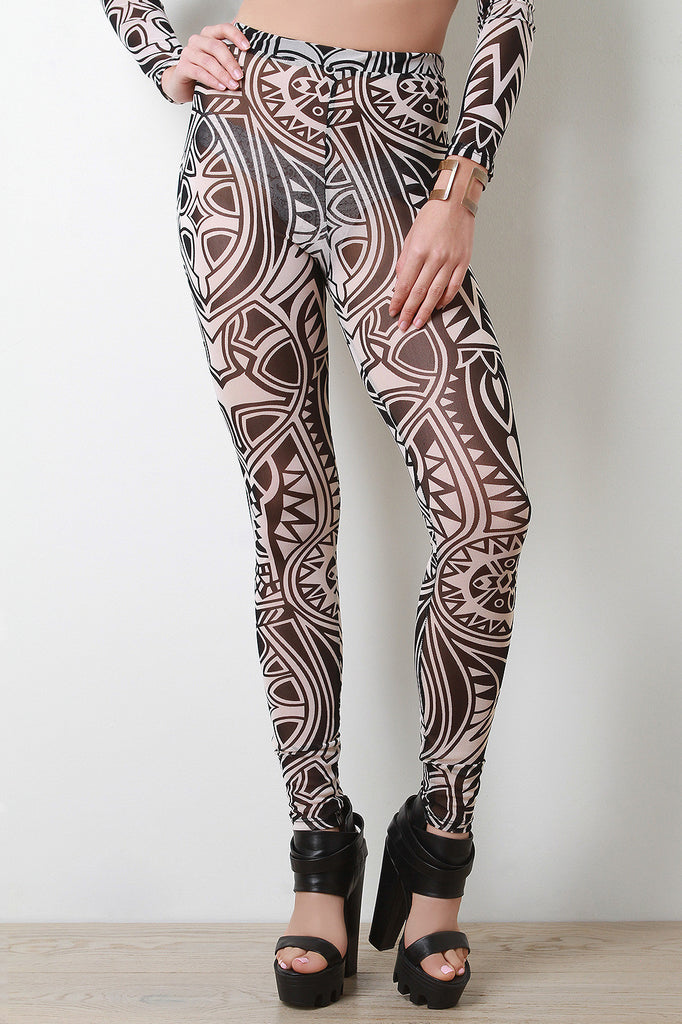 Semi-Sheer Mesh Tribal Patterned Leggings