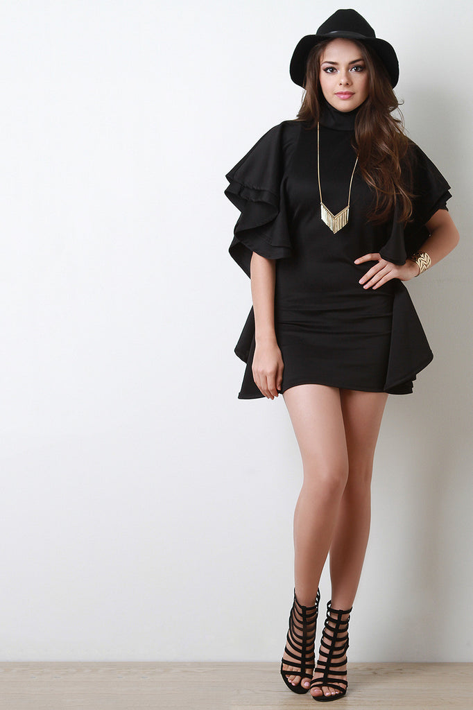 Solid Mock Neck Ruffle Sleeve Bodycon Mini Dress