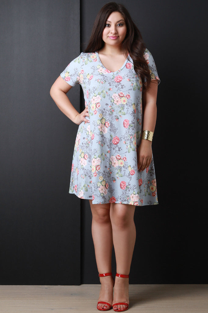 Floral Print Round Neck Shift Dress