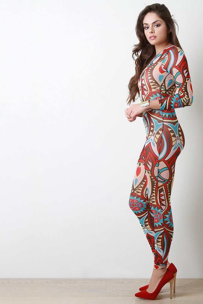 Geometric Tribal Semi-Sheer Mesh Jumpsuit