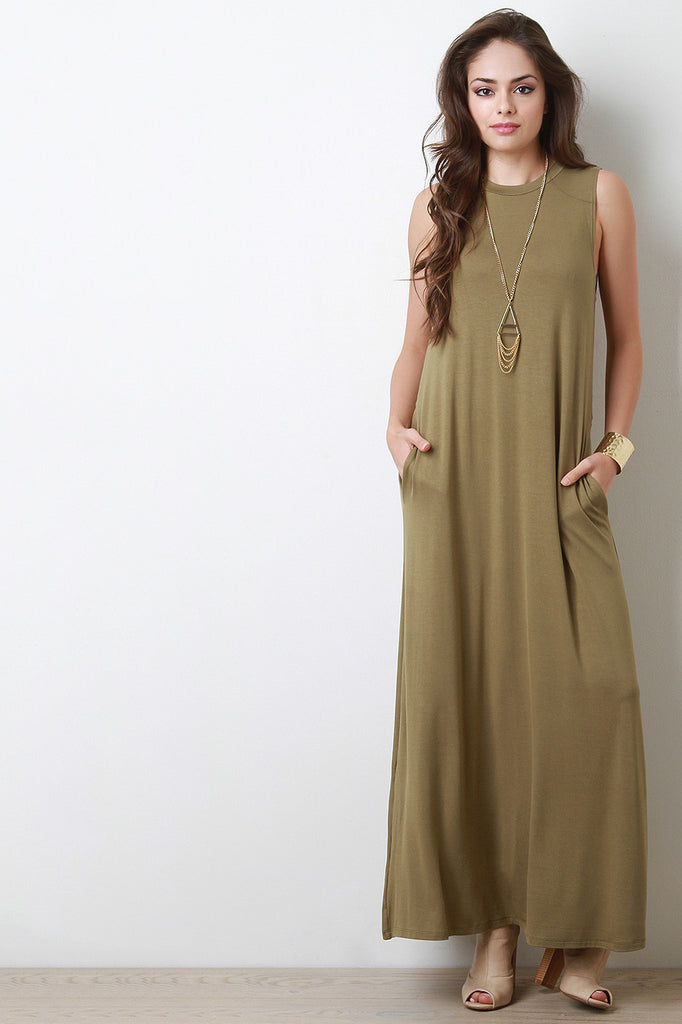 High Neck Sleeveless Shift Maxi Dress