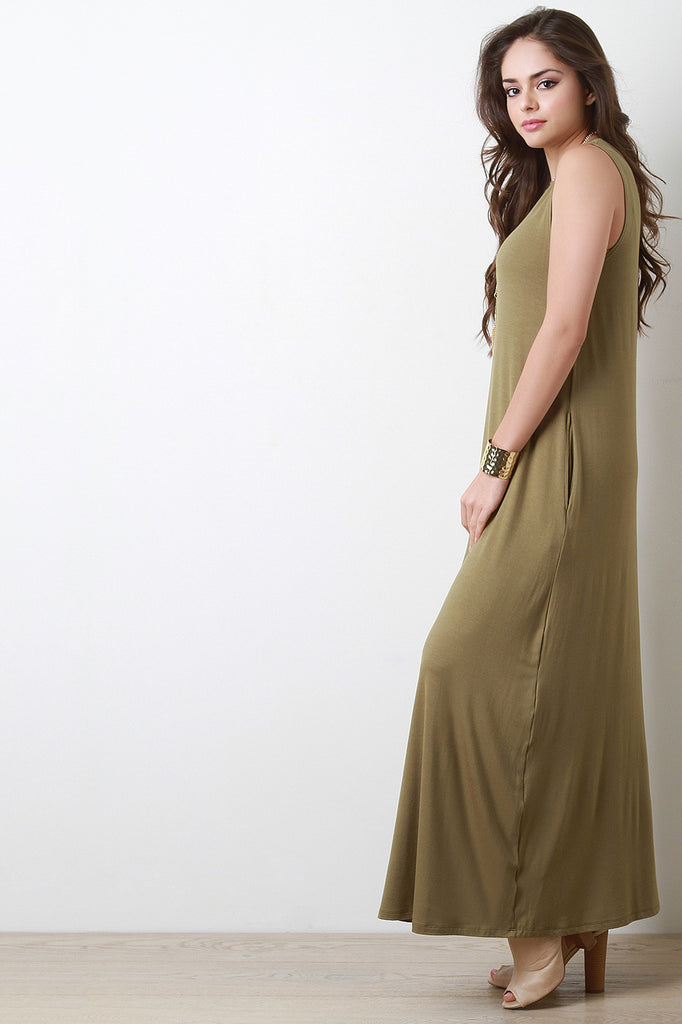 High Neck Sleeveless Shift Maxi Dress