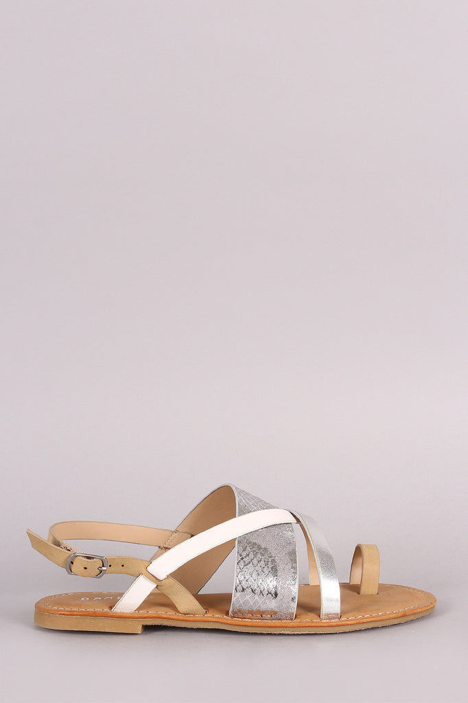 Bamboo Two Tone Metallic Snake Asymmetrical Flat Sandal