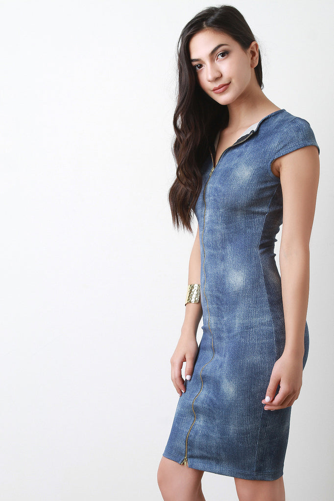 Faux Denim Zip Up Midi Dress