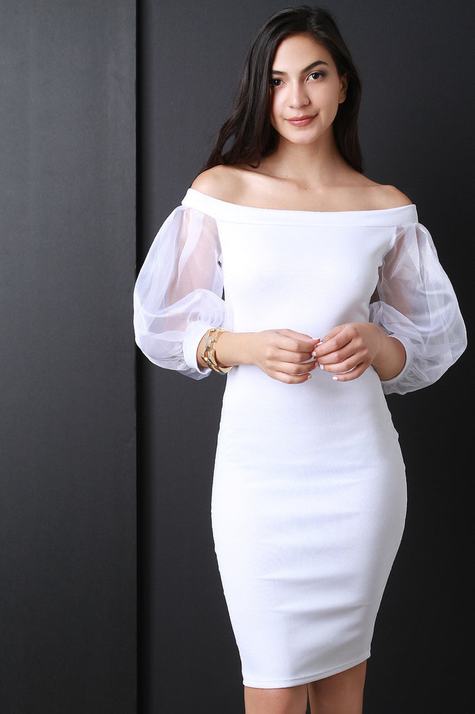 Off The Shoulder Sheer Puff Sleeve Bodycon Dress