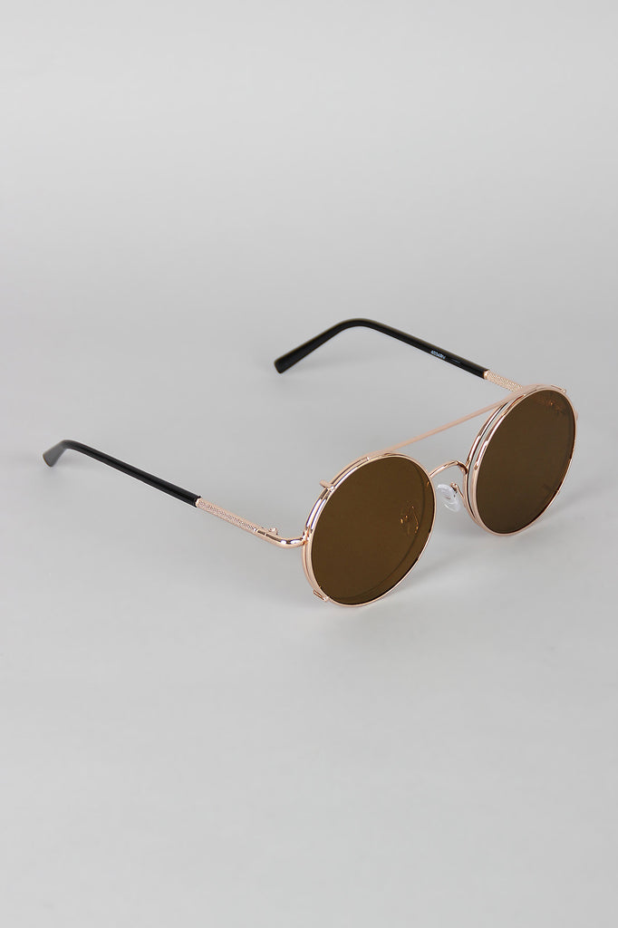 Metallic Trim Round Frame Clip-On Sunglasses