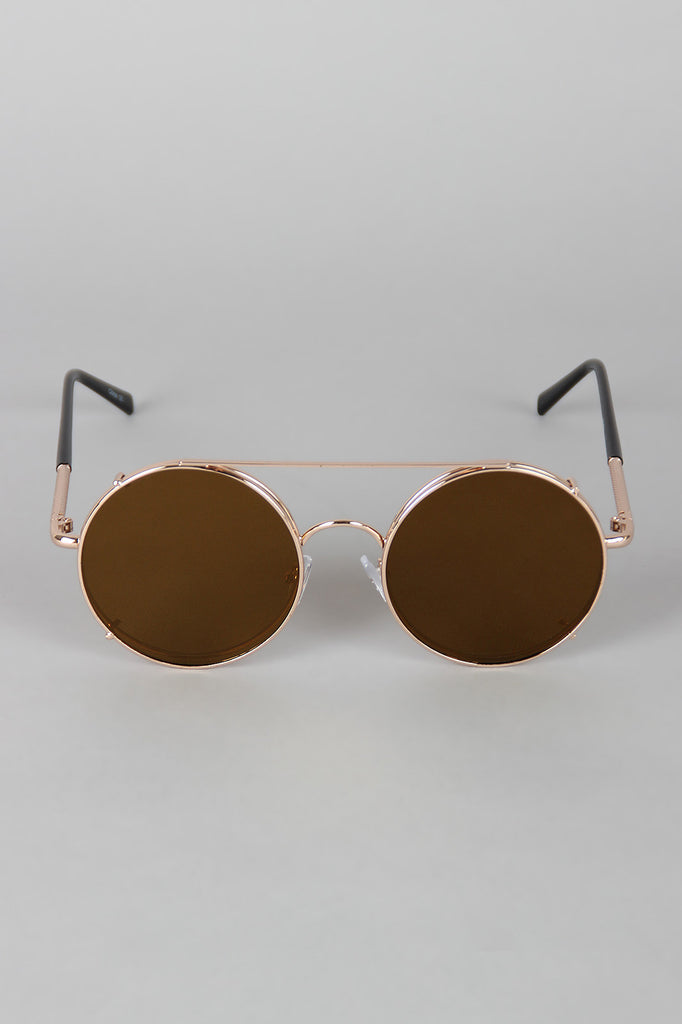 Metallic Trim Round Frame Clip-On Sunglasses