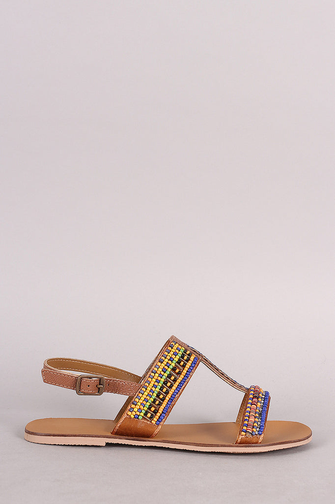 Qupid T-Strap Open Toe Beaded Flat Sandal