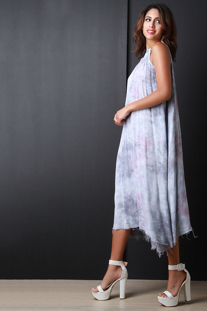 Tie Dye Key Hole Asymmetrical Hem Midi Dress