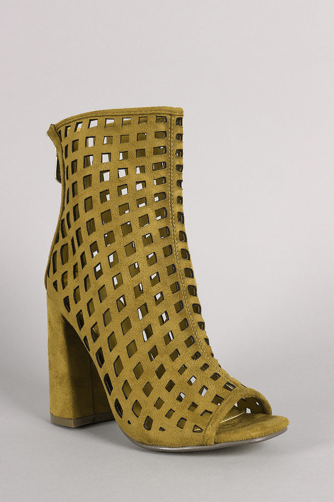 Suede Perforated Peep Toe Chunky Heeled Booties