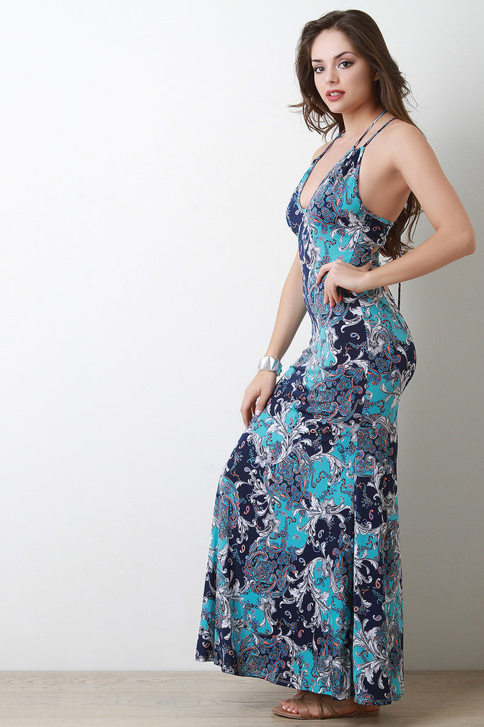 Baroque Paisley V-Neck Sleeveless Maxi Dress