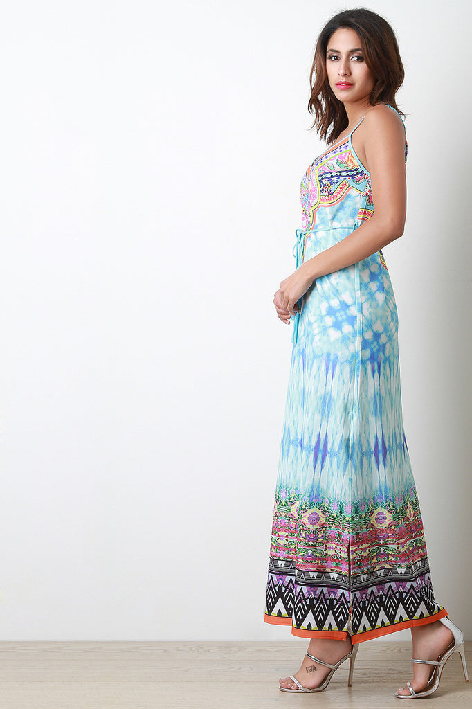 Tie Dye Floral Motif V Neck Maxi Dress