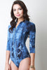 Denim Print Zipper Front Bodysuit