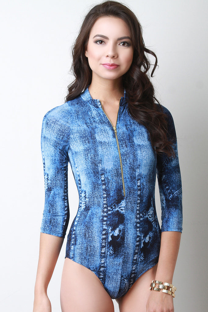 Denim Print Zipper Front Bodysuit