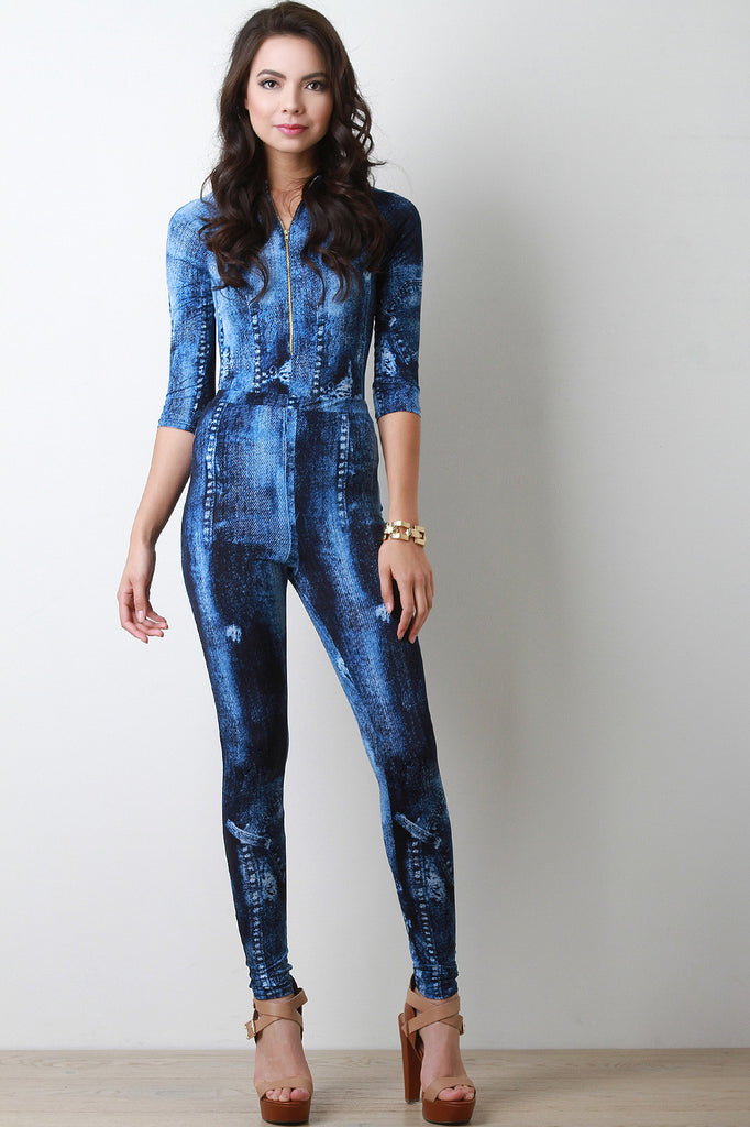 Denim Print Zipper Front Bodysuit