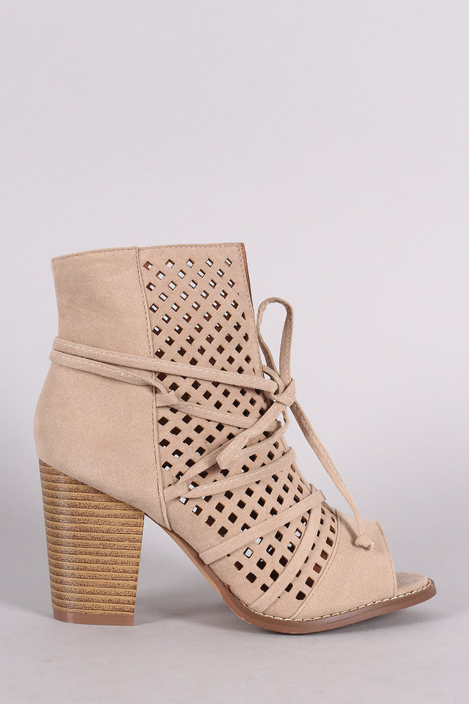 Perforated Suede Slit Lace-Up Chunky Heeled Booties