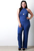 Solid Ribbed Knit Mock Neck Wide Leg Jumpsuit