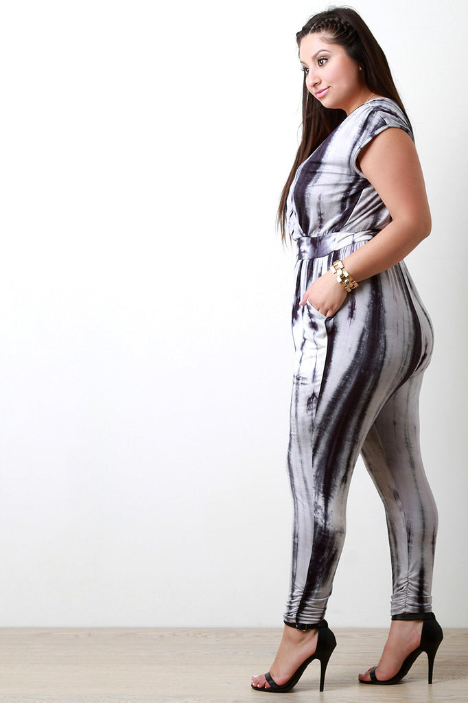 Jersey Knit Tie Dye Surplice Jumpsuit