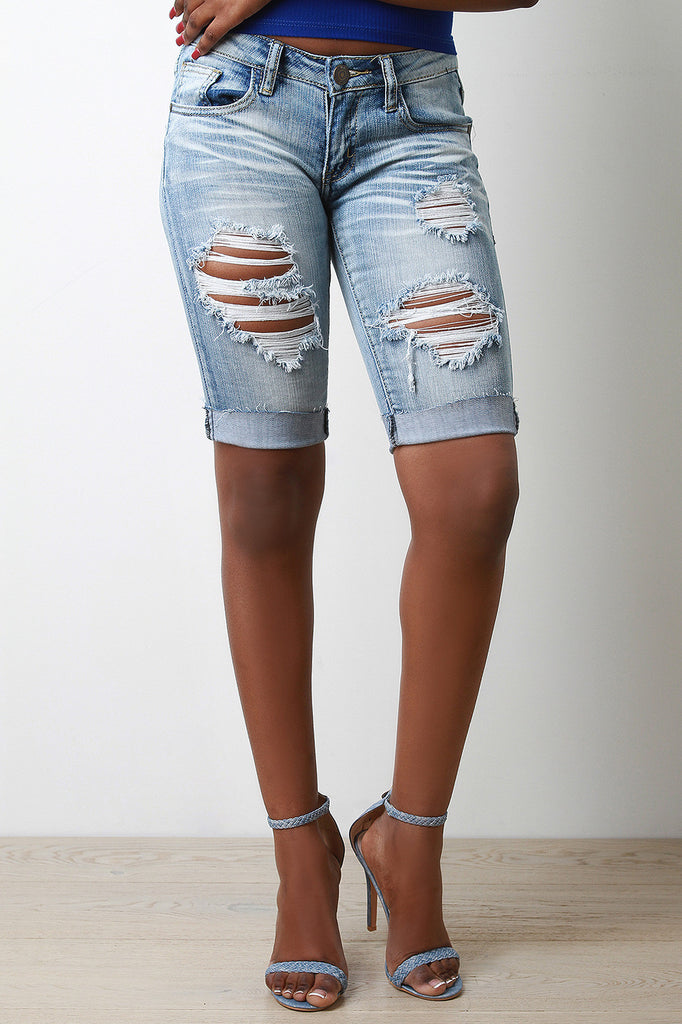 Light Wash Distressed Bermuda Shorts