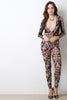 Mesh Damask Pattern Plunge Neck Jumpsuit