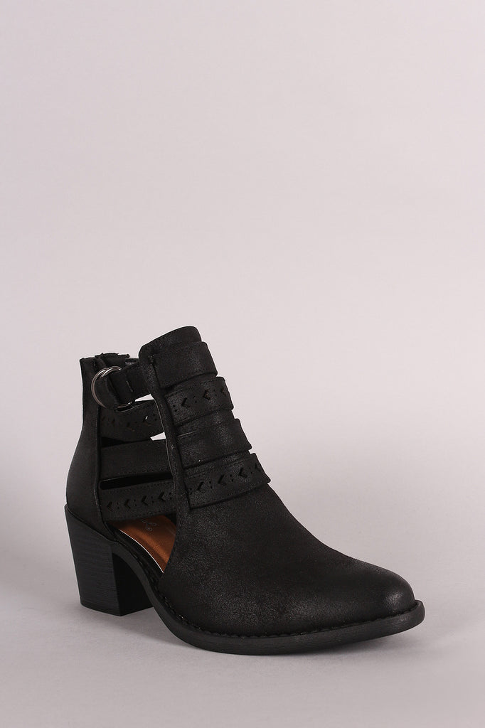 Qupid Distressed Suede Perforated Strap Western Booties