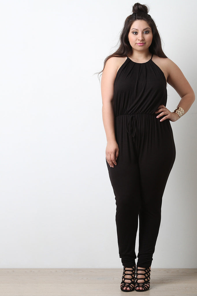 Jersey Knit Pleated Halter Neck Jumpsuit