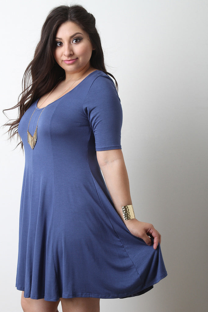 Solid Jersey Knit Elbow Sleeve Shift Dress