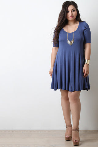 Solid Jersey Knit Elbow Sleeve Shift Dress