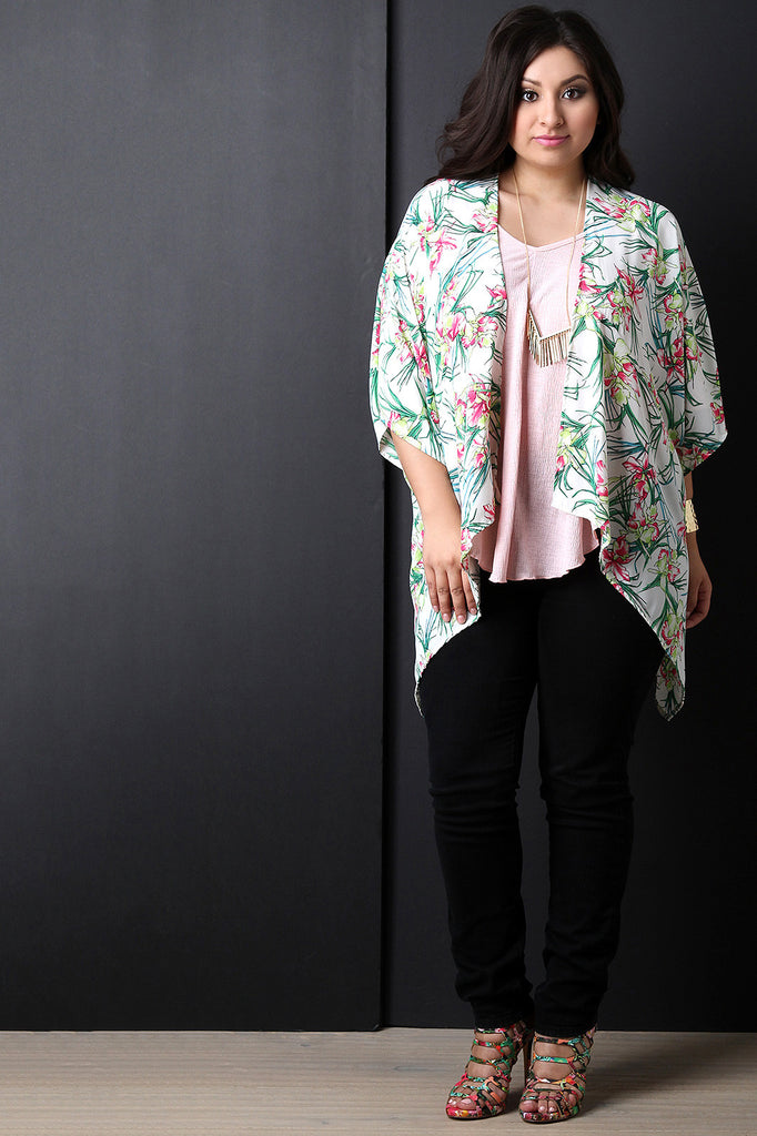 Floral Handkerchief Hem Short Sleeve Kimono