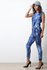 Denim Print Mock Neck Zippered Jumpsuit