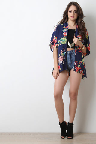 Open Side Floral Print Kimono