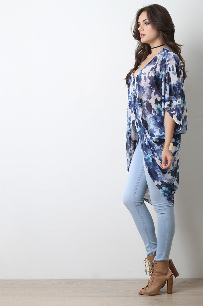 Floral Print Button Up Cocoon Top