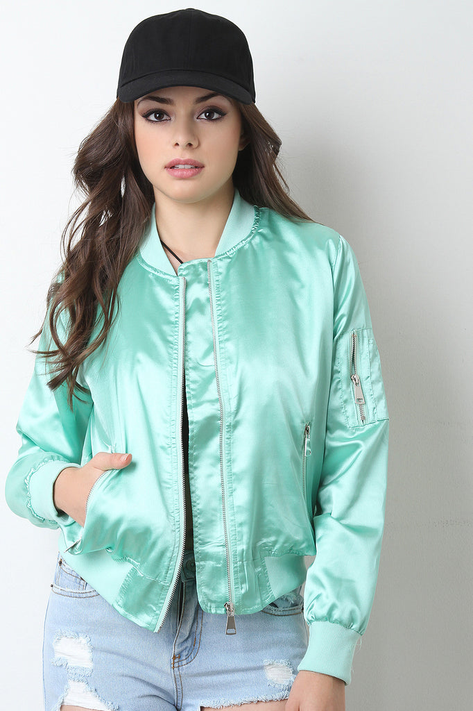 Glossy Charmeuse Zipper Bomber Jacket