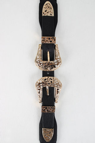 Double Buckle Etched Cutout Elastic Belt