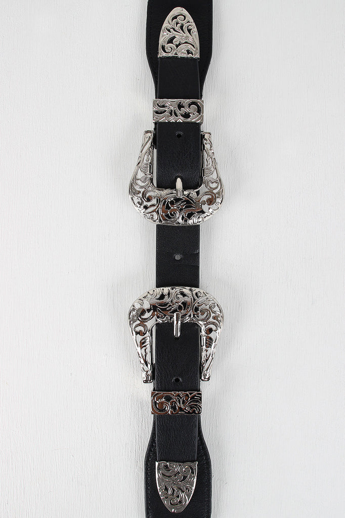 Double Buckle Etched Cutout Elastic Belt