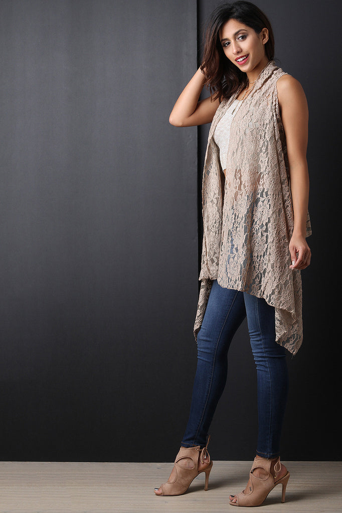 Crochet Lace Open Front Sleeveless Long Cardigan