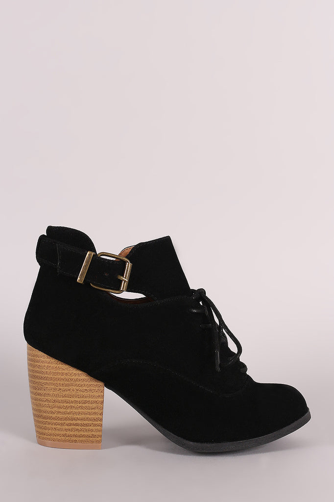 Qupid Lace Up Buckle Tongue Chunky Heel Booties