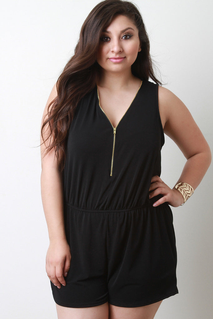 Metal Zipper Neckline Sleeveless Romper